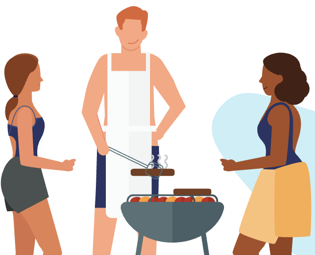 Cartoon characters around a grill by the pool